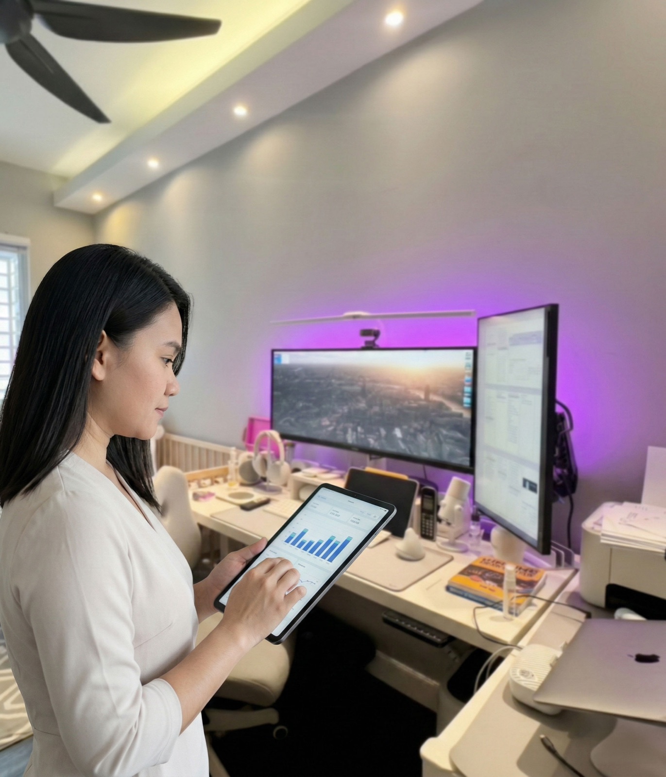Anna Bardos reviewing performance data on a tablet at her desk