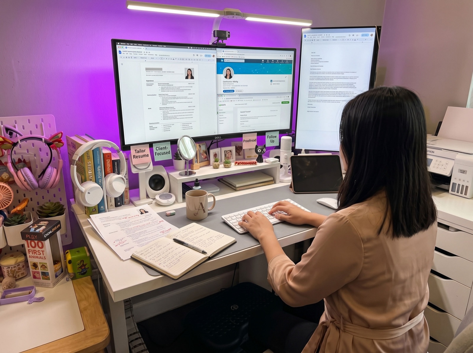 Anna's standing desk setup with dual monitors